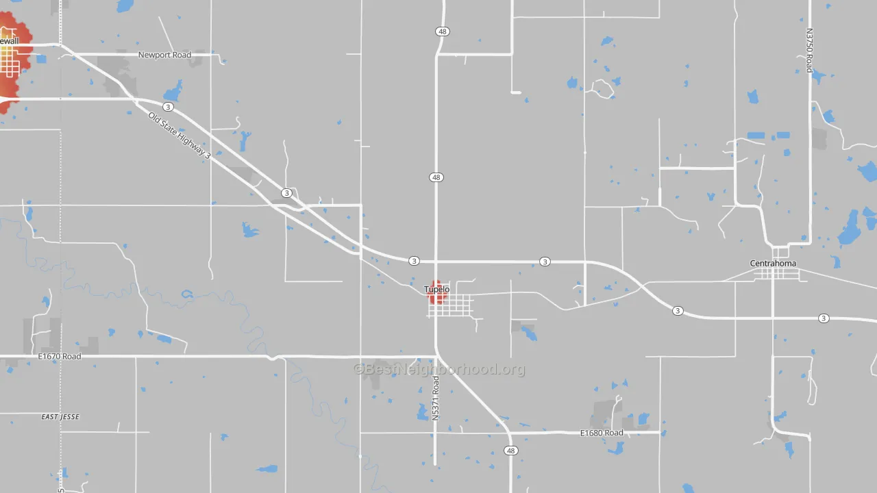 Walk Grade map of 74572, OK, walkable areas in green and car-dependent areas in red
