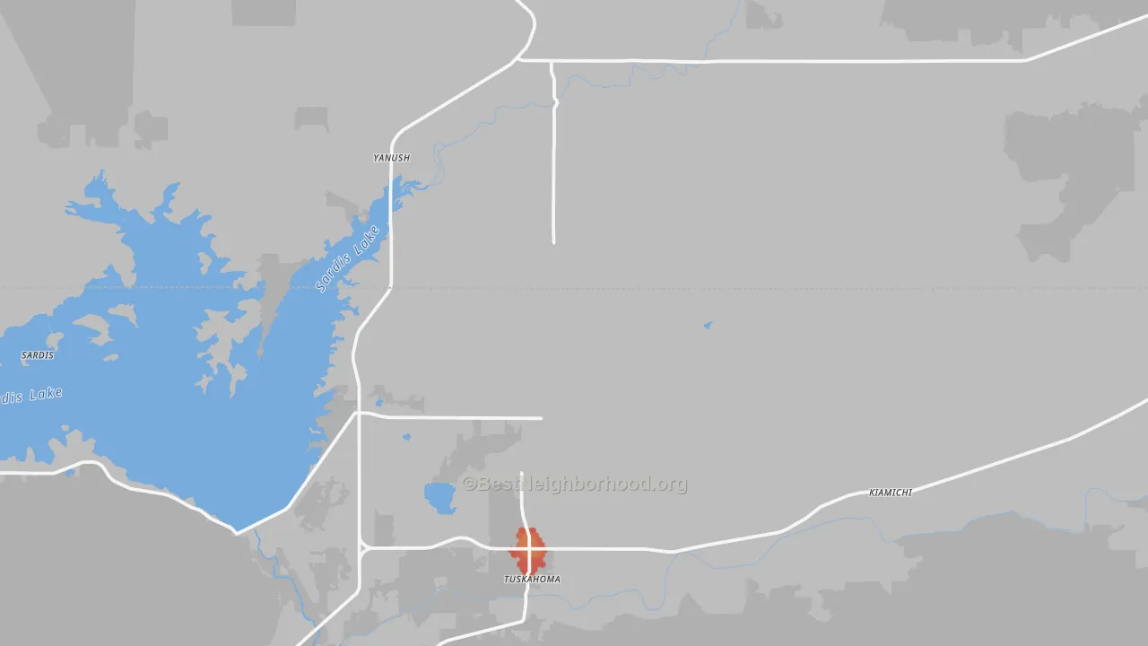 Walk Grade map of 74574, OK, walkable areas in green and car-dependent areas in red