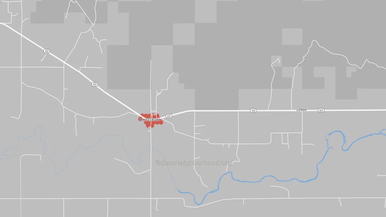 Walk Grade map of 74577, OK, walkable areas in green and car-dependent areas in red