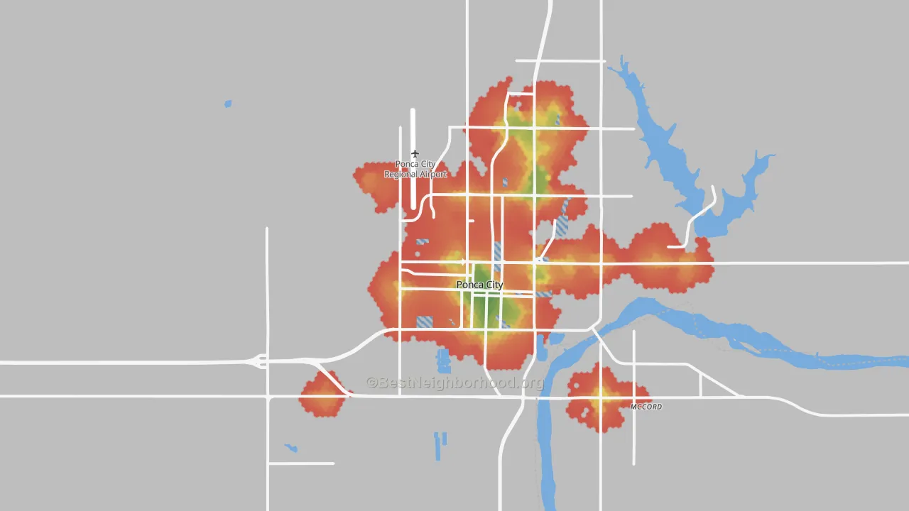 Walk Grade map of 74601, OK, walkable areas in green and car-dependent areas in red