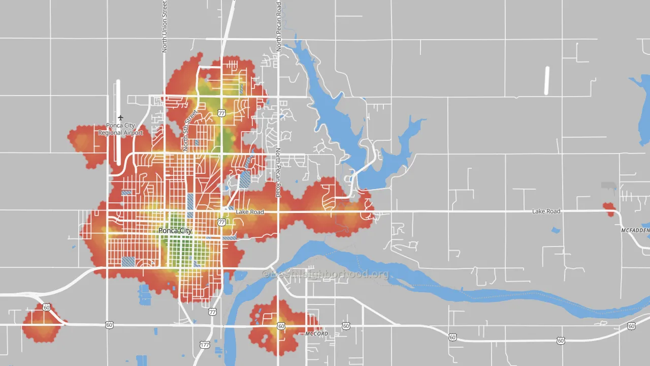 Walk Grade map of 74604, OK, walkable areas in green and car-dependent areas in red