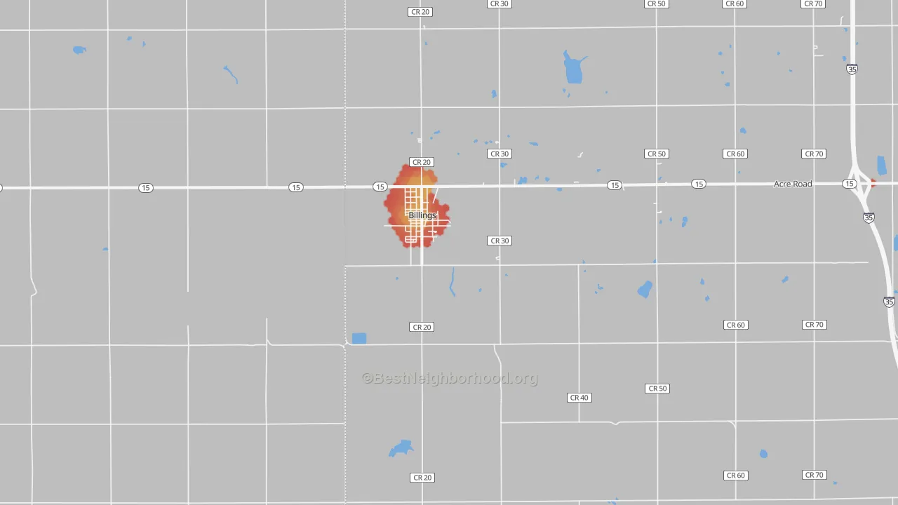 Walk Grade map of 74630, OK, walkable areas in green and car-dependent areas in red