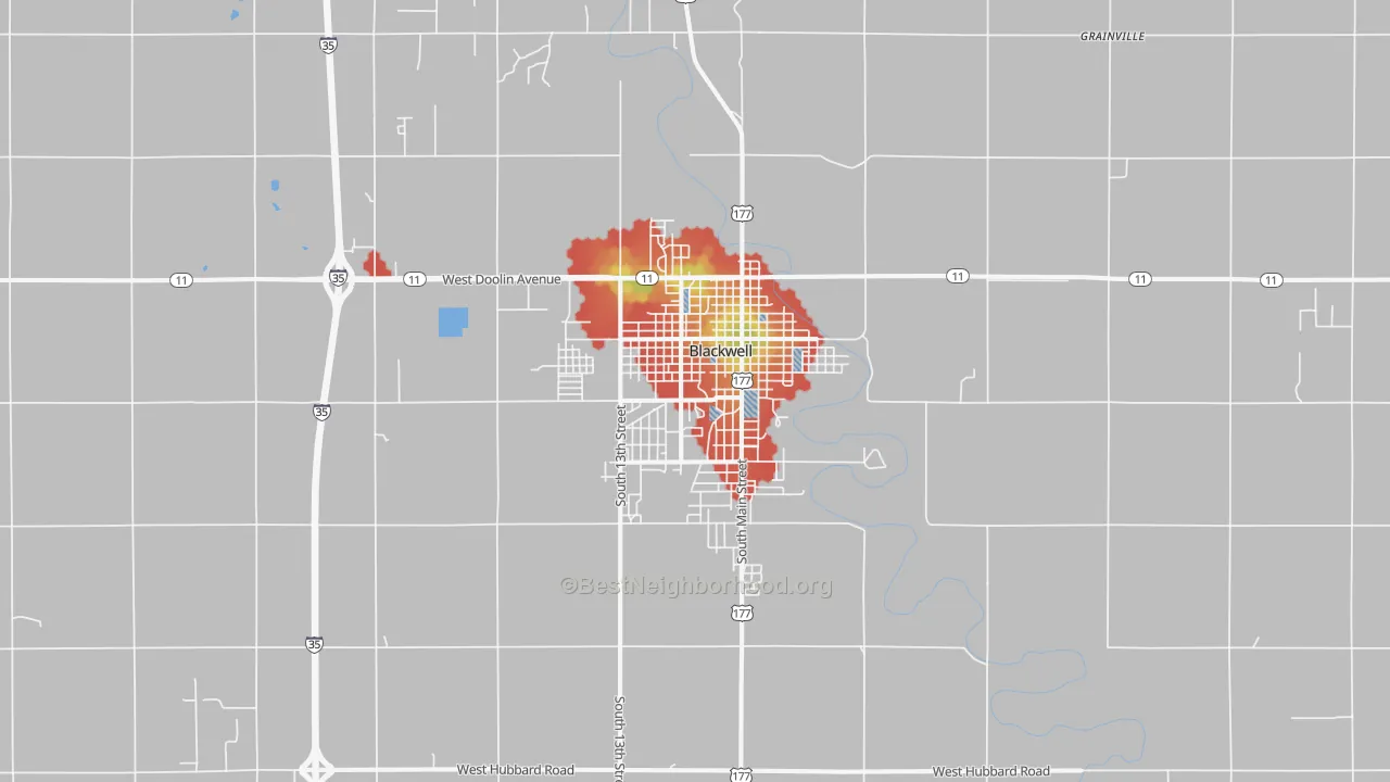 Walk Grade map of 74631, OK, walkable areas in green and car-dependent areas in red