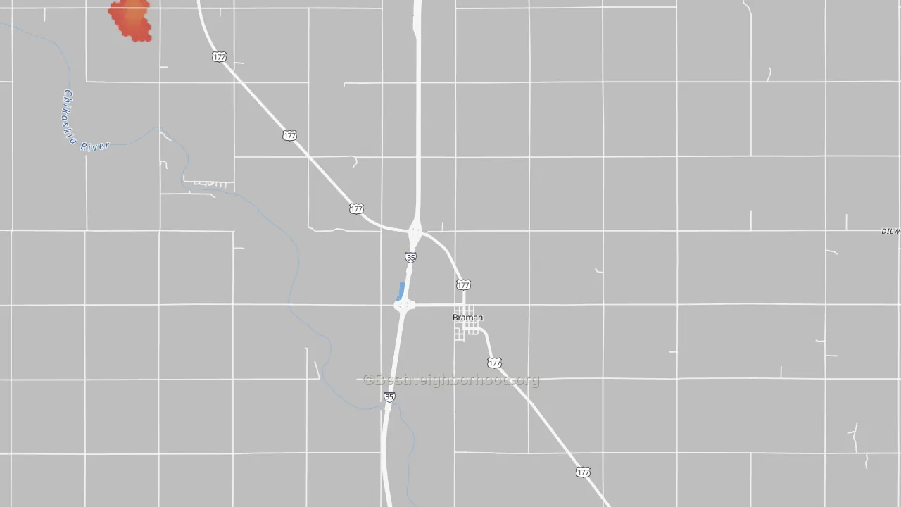 Walk Grade map of 74632, OK, walkable areas in green and car-dependent areas in red