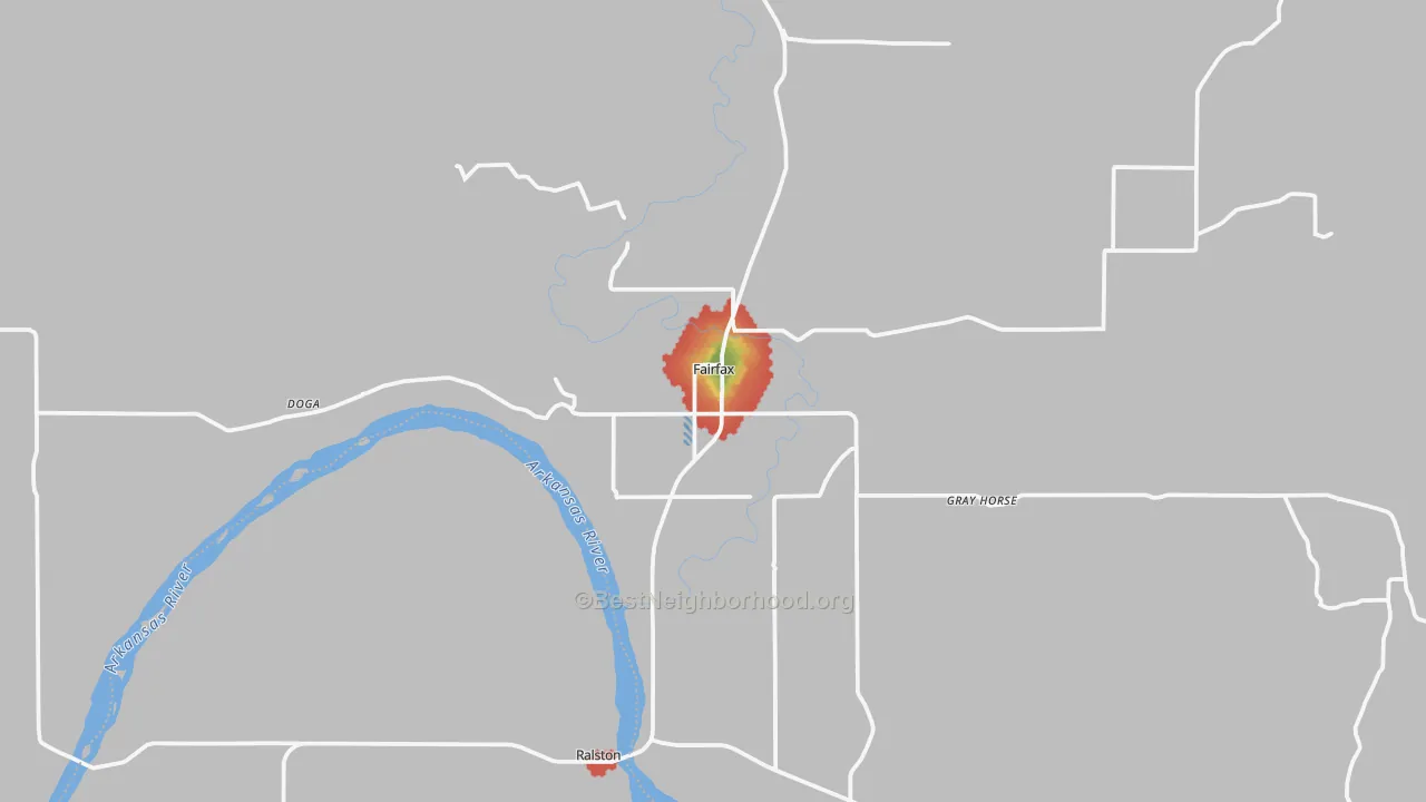 Walk Grade map of 74637, OK, walkable areas in green and car-dependent areas in red