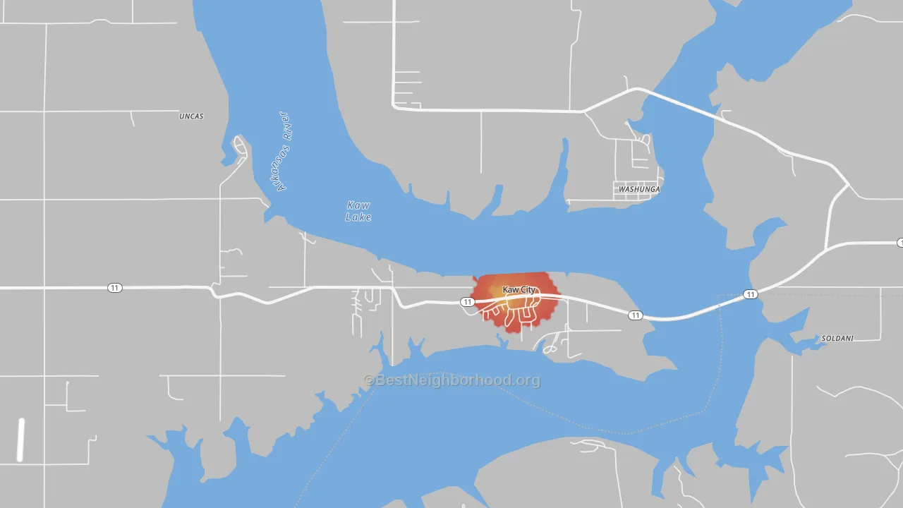 Walk Grade map of 74641, OK, walkable areas in green and car-dependent areas in red