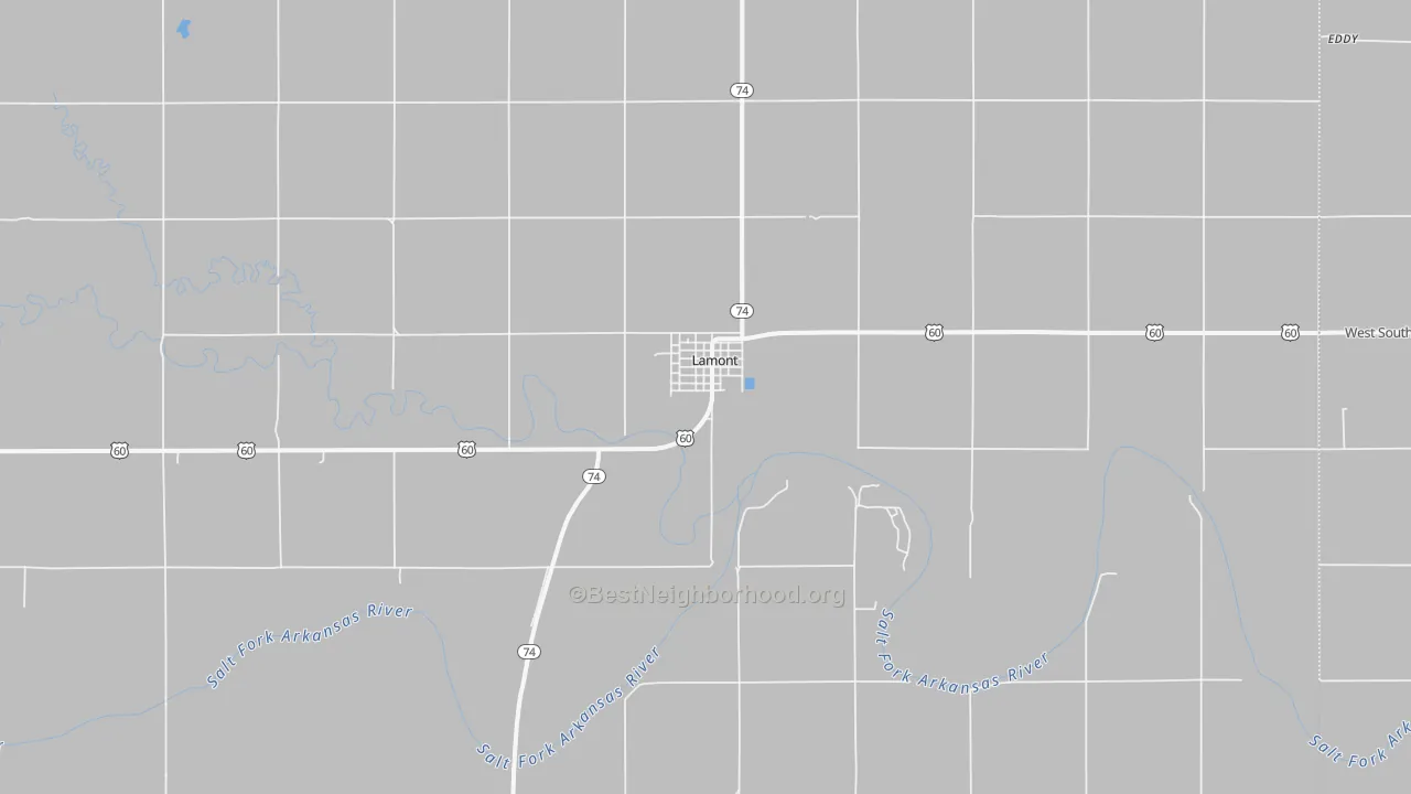 Walk Grade map of 74643, OK, walkable areas in green and car-dependent areas in red