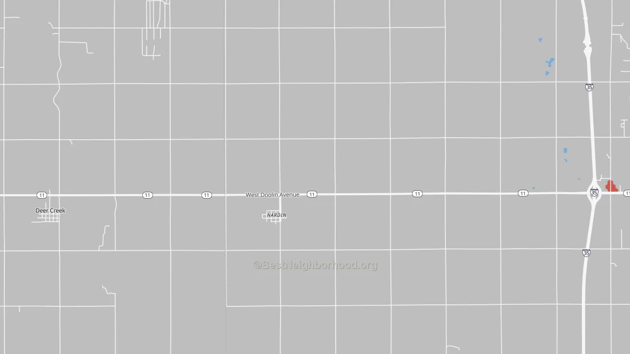 Walk Grade map of 74646, OK, walkable areas in green and car-dependent areas in red