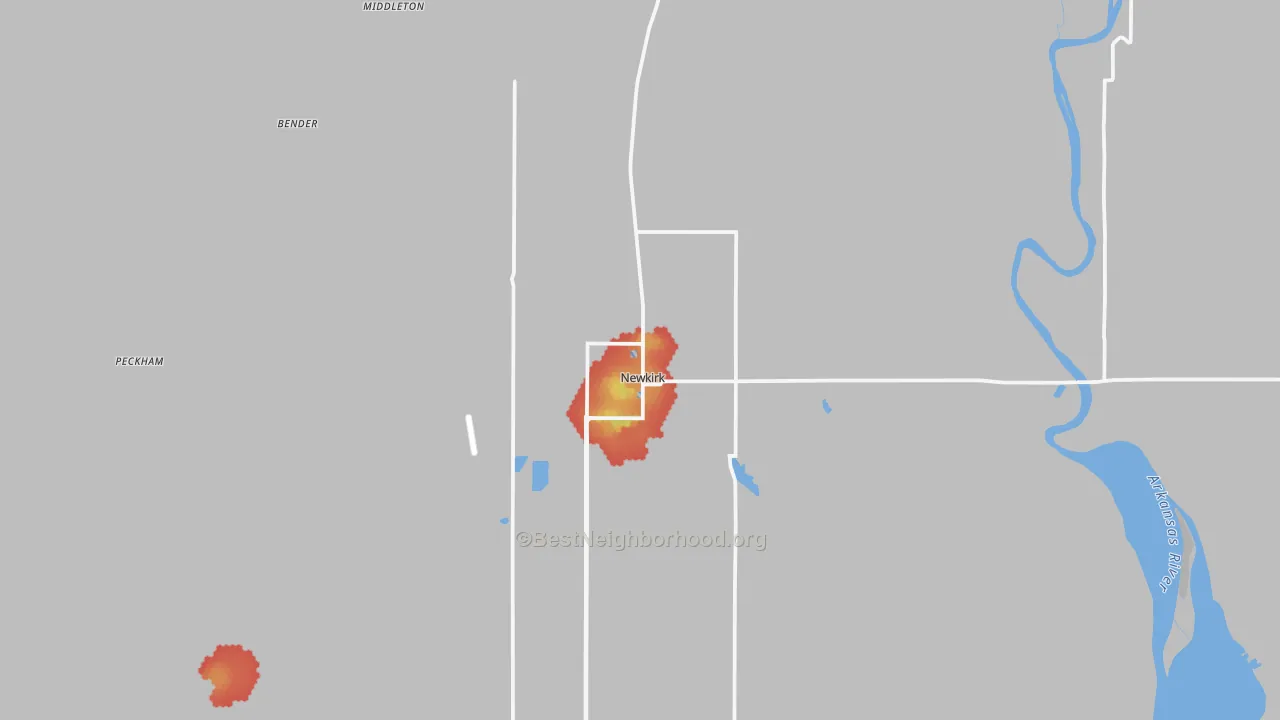 Walk Grade map of 74647, OK, walkable areas in green and car-dependent areas in red