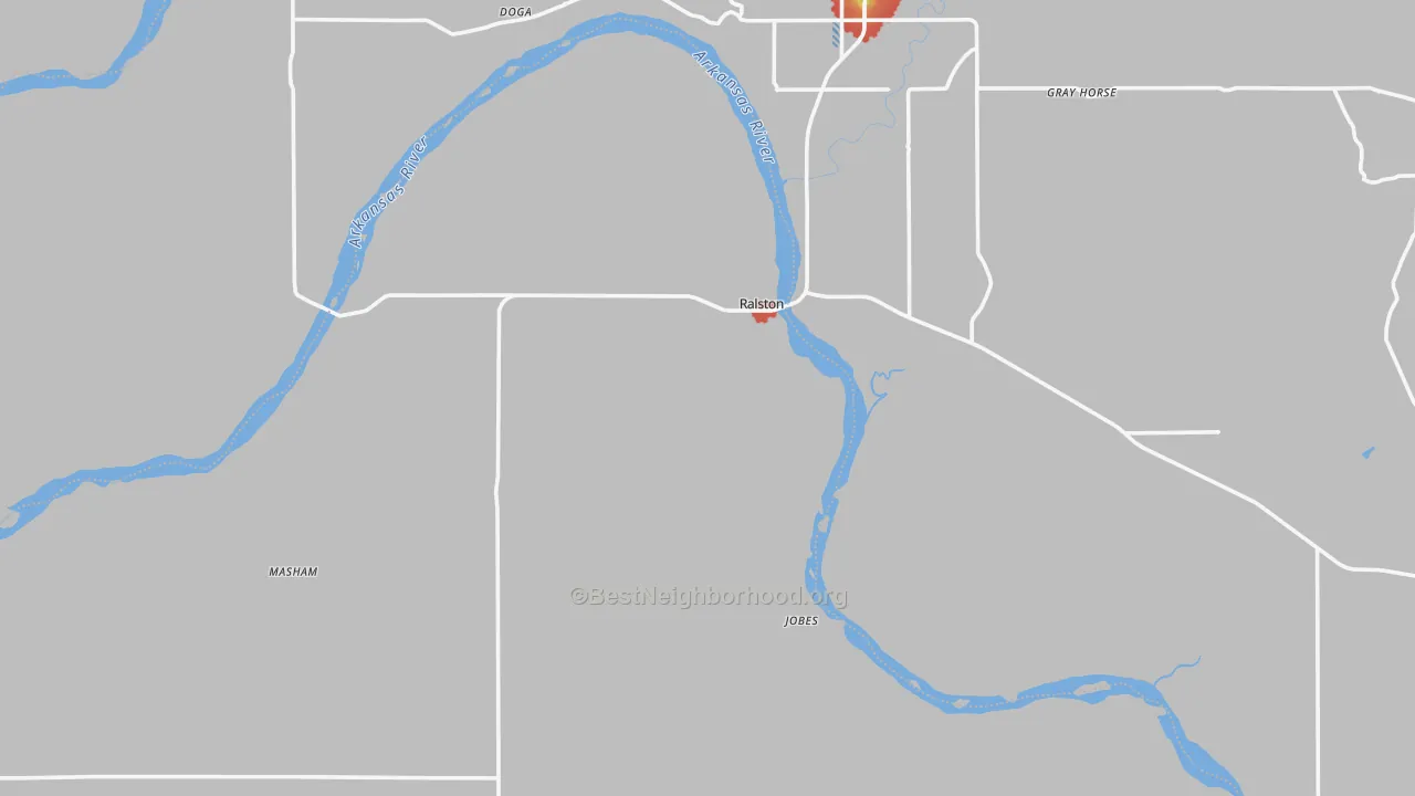Walk Grade map of 74650, OK, walkable areas in green and car-dependent areas in red