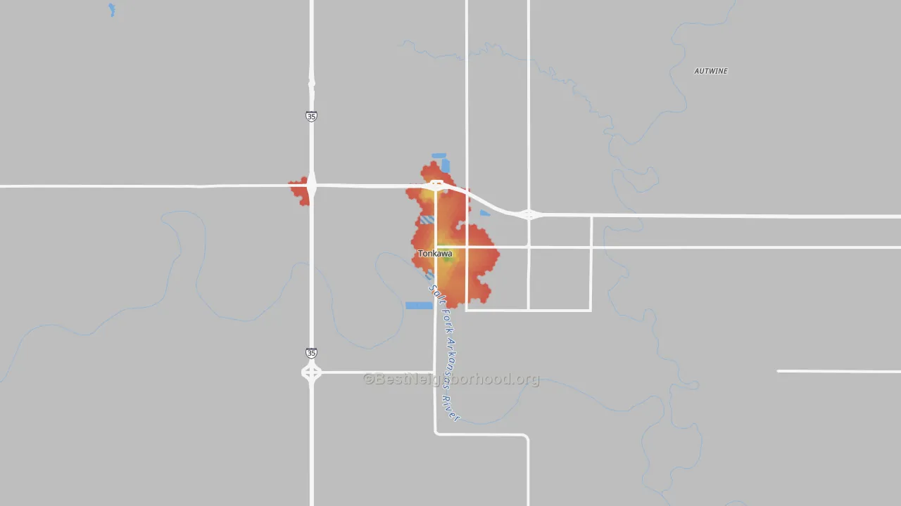Walk Grade map of 74653, OK, walkable areas in green and car-dependent areas in red