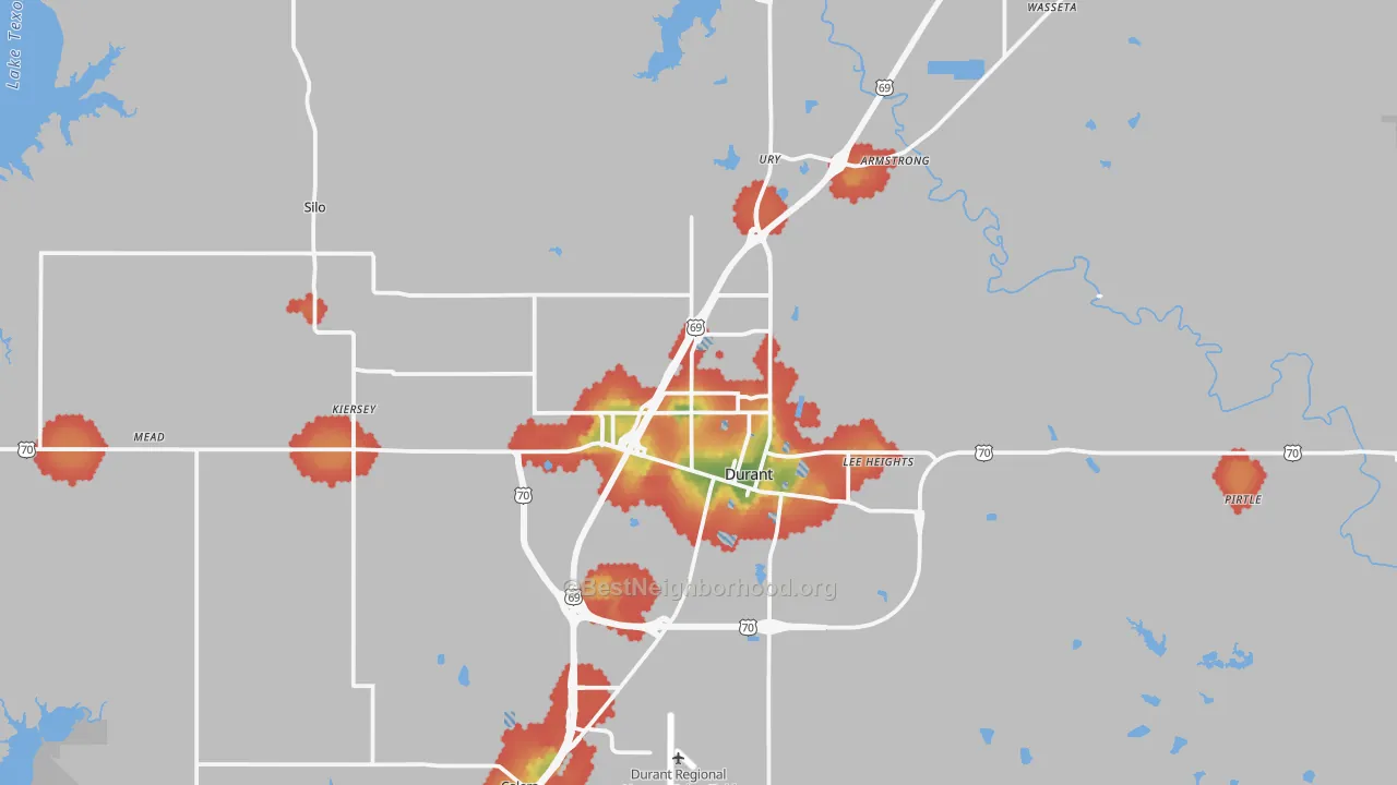 Walk Grade map of 74701, OK, walkable areas in green and car-dependent areas in red