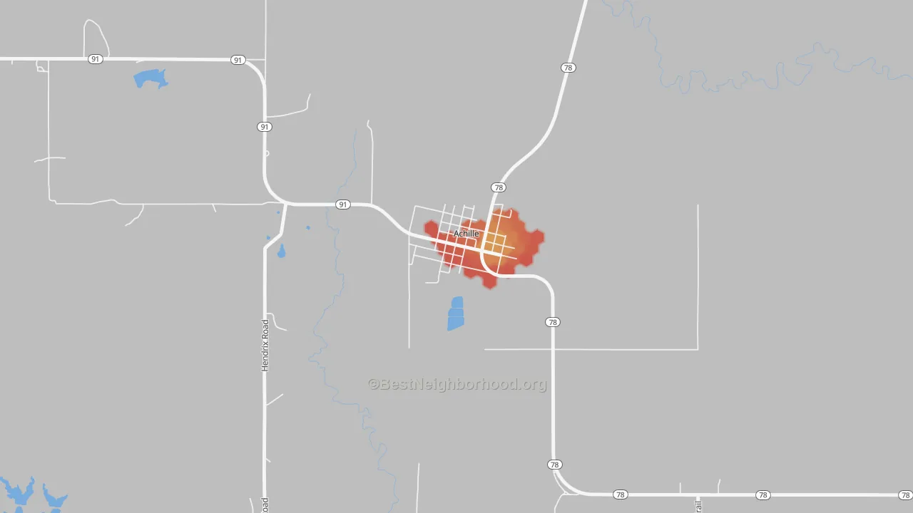 Walk Grade map of 74720, OK, walkable areas in green and car-dependent areas in red