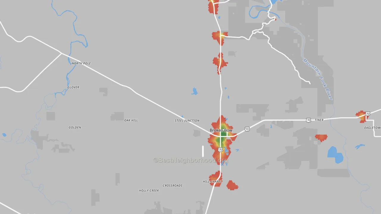 Walk Grade map of 74728, OK, walkable areas in green and car-dependent areas in red