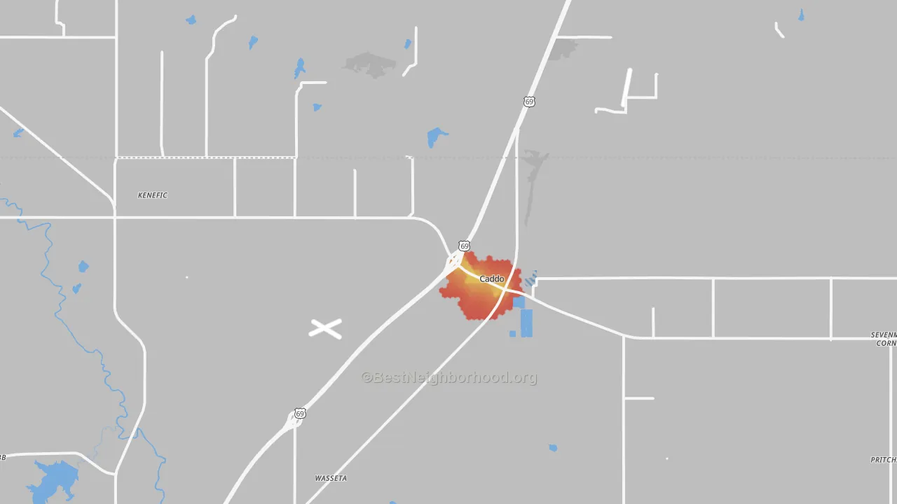 Walk Grade map of 74729, OK, walkable areas in green and car-dependent areas in red