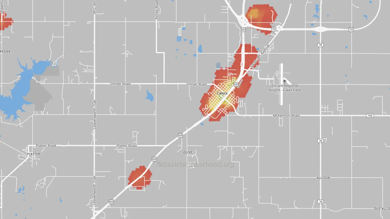 Walk Grade map of 74730, OK, walkable areas in green and car-dependent areas in red