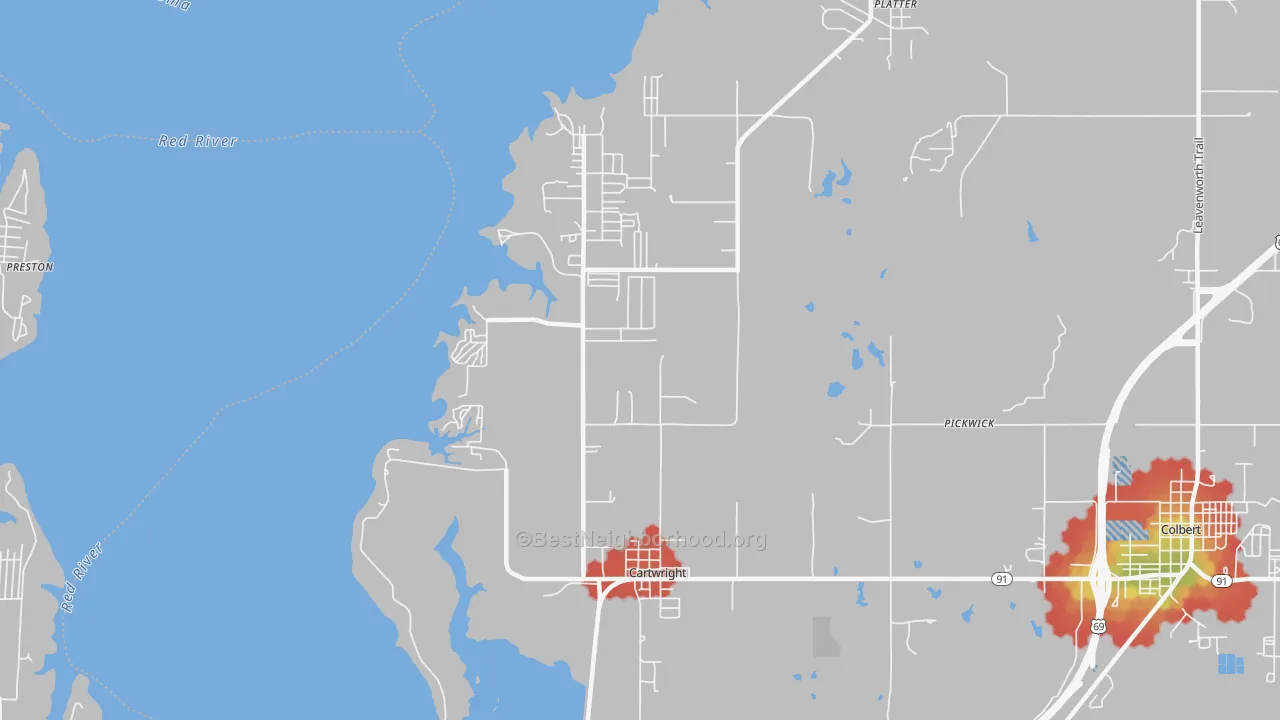 Walk Grade map of 74731, OK, walkable areas in green and car-dependent areas in red