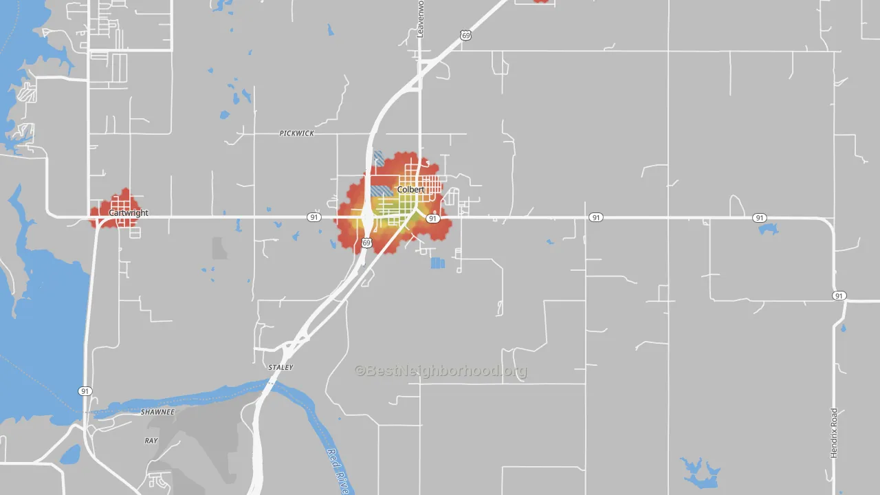 Walk Grade map of 74733, OK, walkable areas in green and car-dependent areas in red