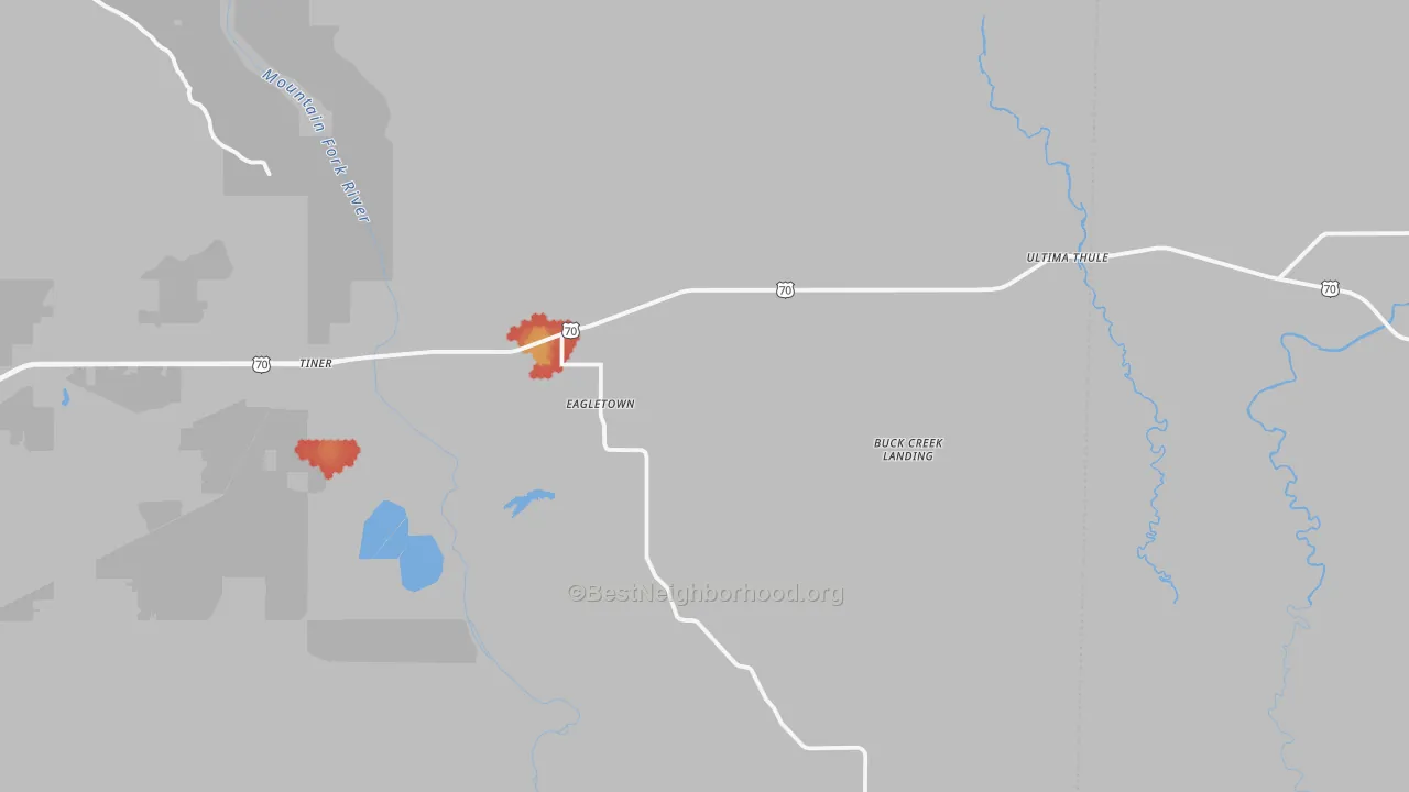Walk Grade map of 74734, OK, walkable areas in green and car-dependent areas in red