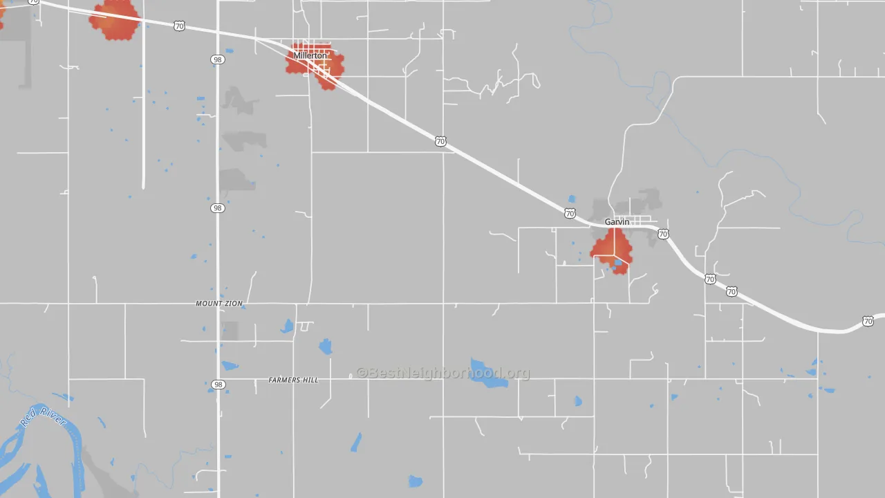 Walk Grade map of 74736, OK, walkable areas in green and car-dependent areas in red