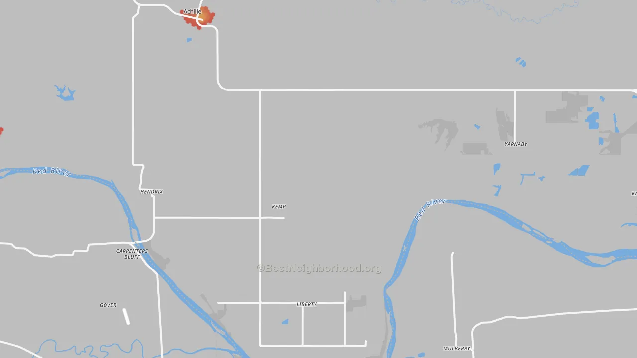 Walk Grade map of 74741, OK, walkable areas in green and car-dependent areas in red