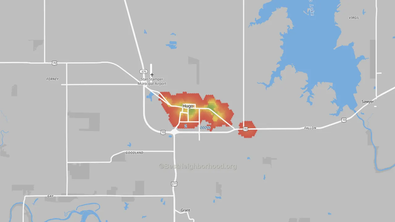 Walk Grade map of 74743, OK, walkable areas in green and car-dependent areas in red