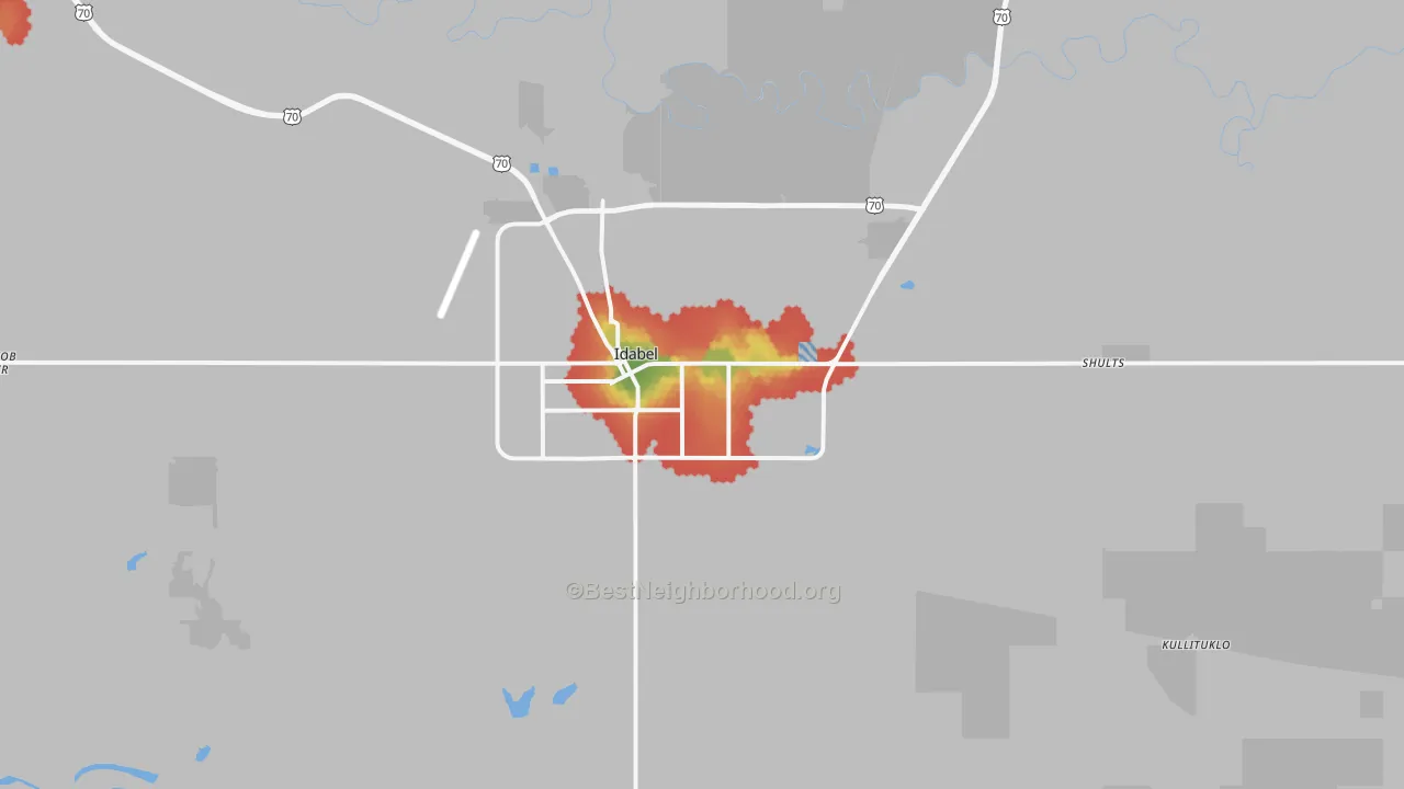 Walk Grade map of 74745, OK, walkable areas in green and car-dependent areas in red