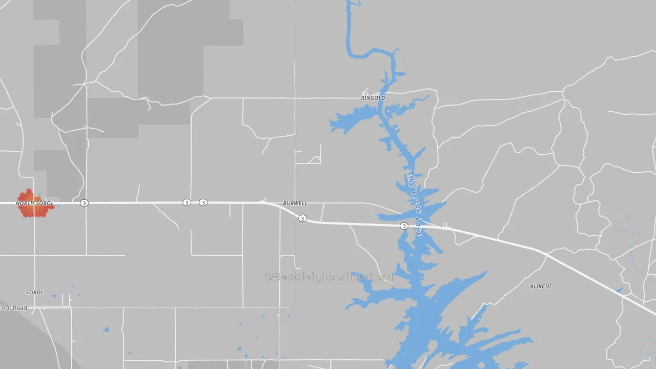 Walk Grade map of 74754, OK, walkable areas in green and car-dependent areas in red