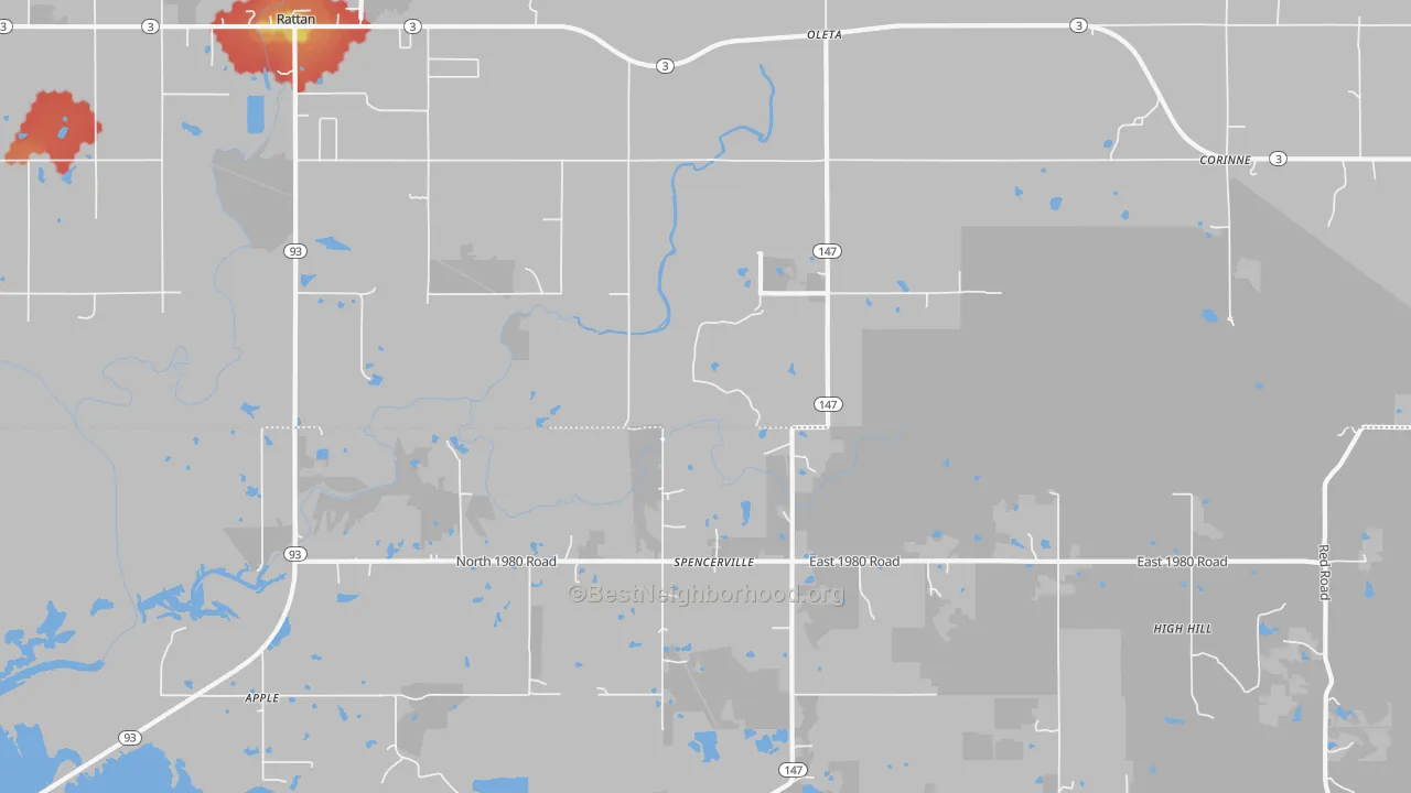Walk Grade map of 74760, OK, walkable areas in green and car-dependent areas in red