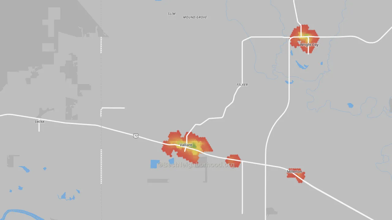 Walk Grade map of 74764, OK, walkable areas in green and car-dependent areas in red