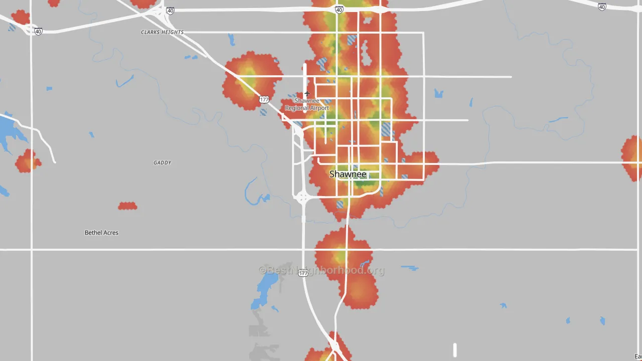 Walk Grade map of 74801, OK, walkable areas in green and car-dependent areas in red