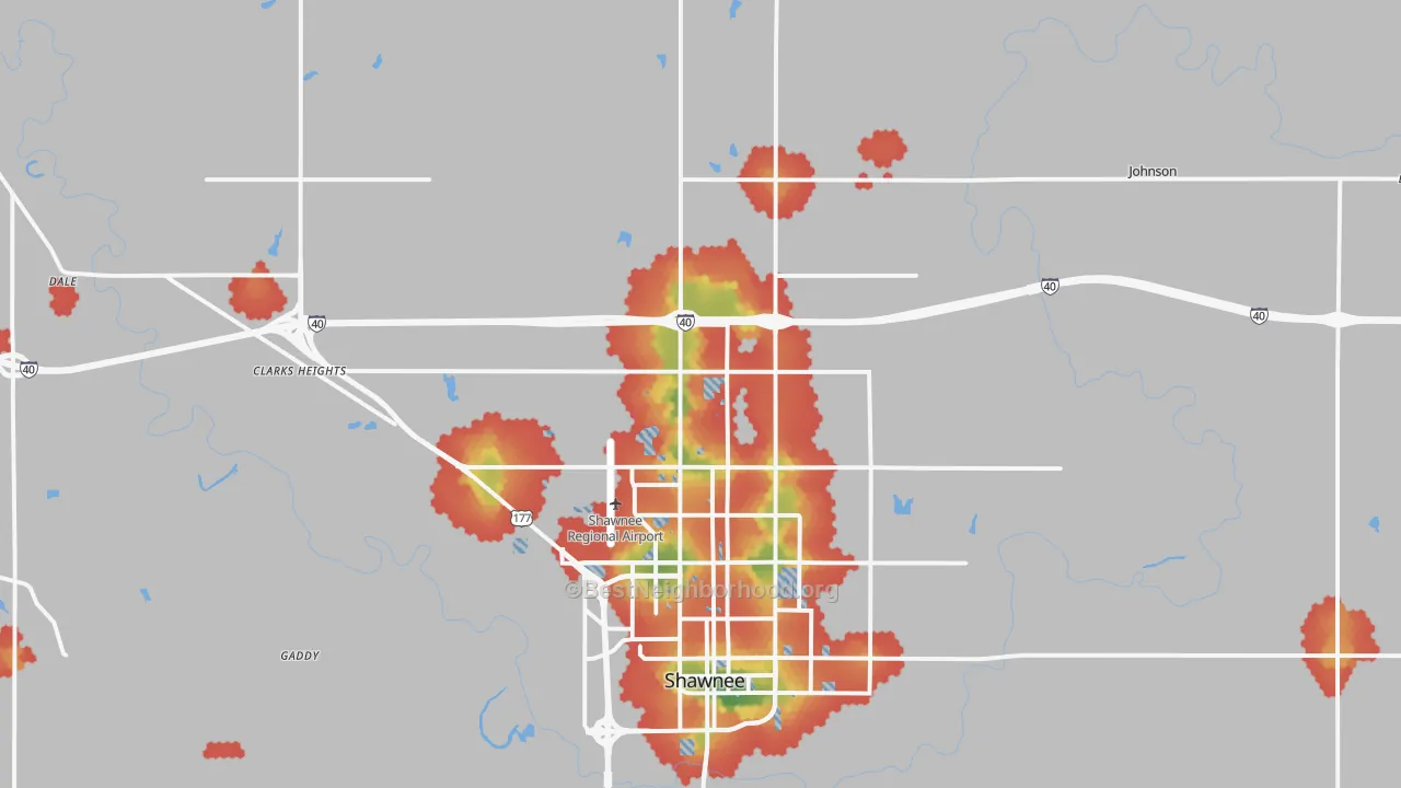 Walk Grade map of 74804, OK, walkable areas in green and car-dependent areas in red