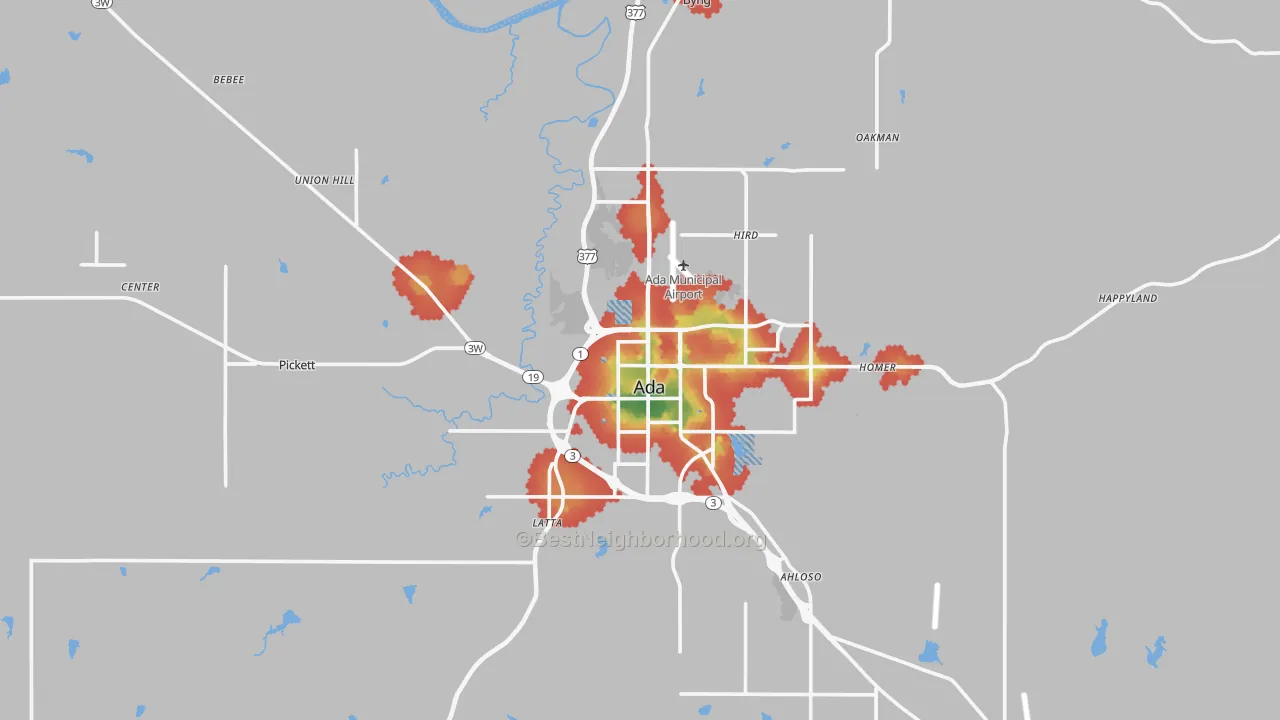 Walk Grade map of 74820, OK, walkable areas in green and car-dependent areas in red