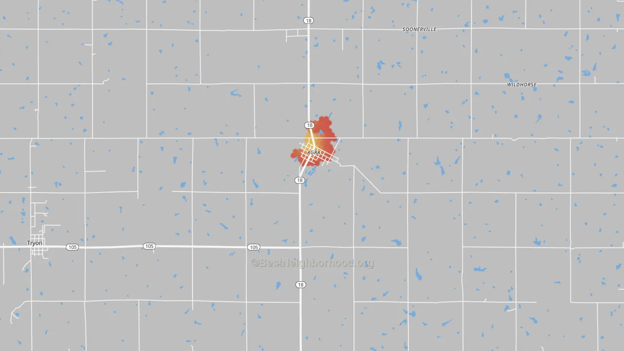 Walk Grade map of 74824, OK, walkable areas in green and car-dependent areas in red