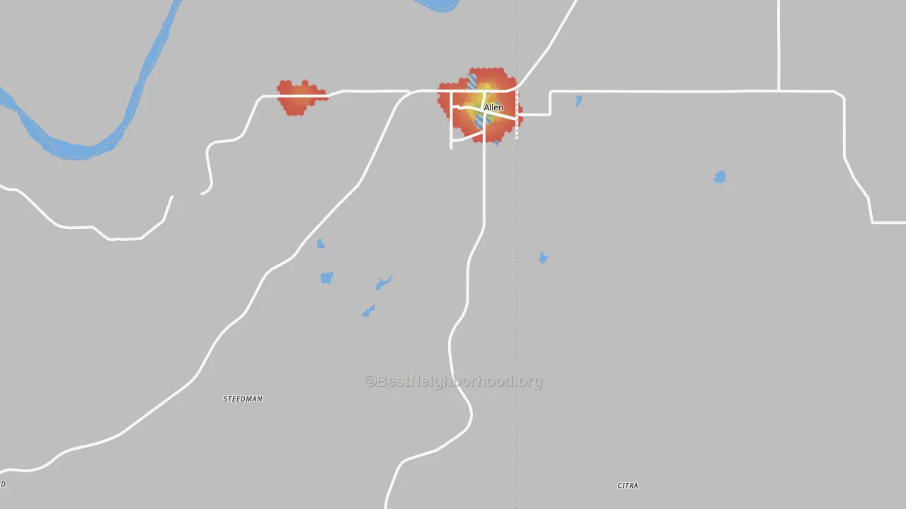 Walk Grade map of 74825, OK, walkable areas in green and car-dependent areas in red