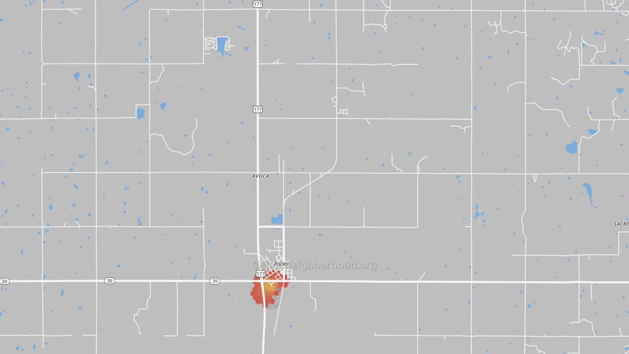 Walk Grade map of 74826, OK, walkable areas in green and car-dependent areas in red