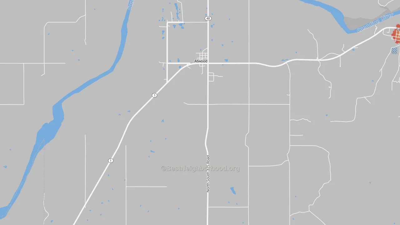 Walk Grade map of 74827, OK, walkable areas in green and car-dependent areas in red