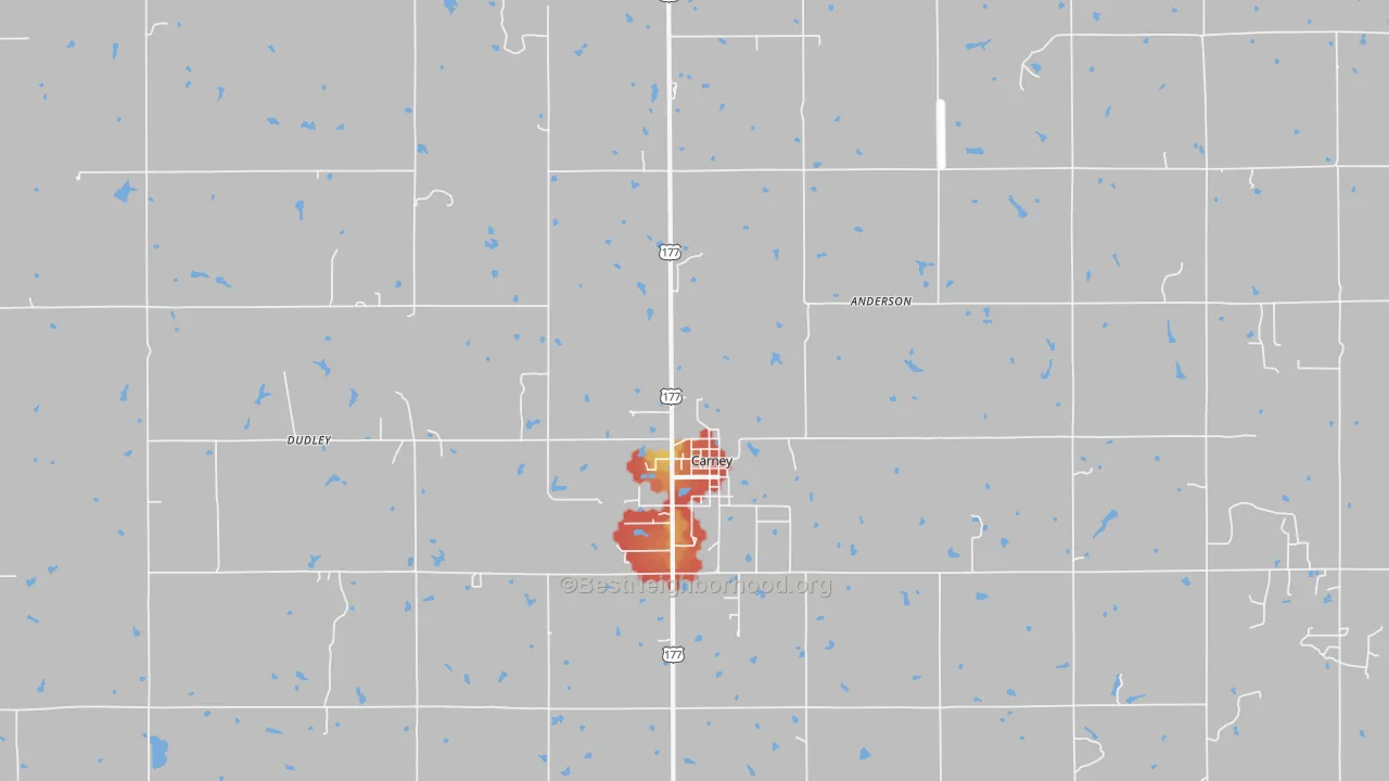 Walk Grade map of 74832, OK, walkable areas in green and car-dependent areas in red
