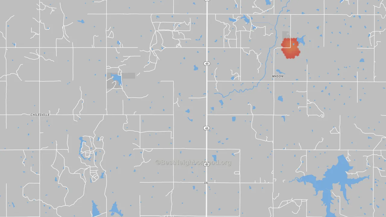 Walk Grade map of 74833, OK, walkable areas in green and car-dependent areas in red