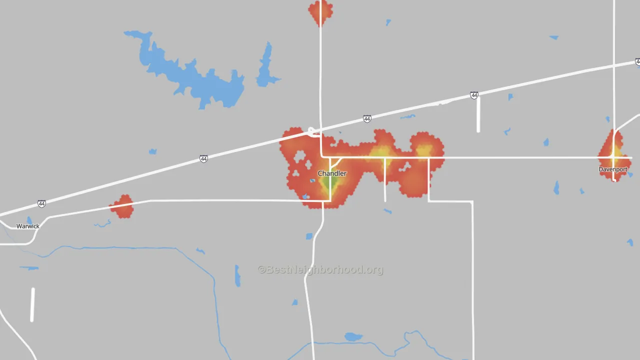 Walk Grade map of 74834, OK, walkable areas in green and car-dependent areas in red