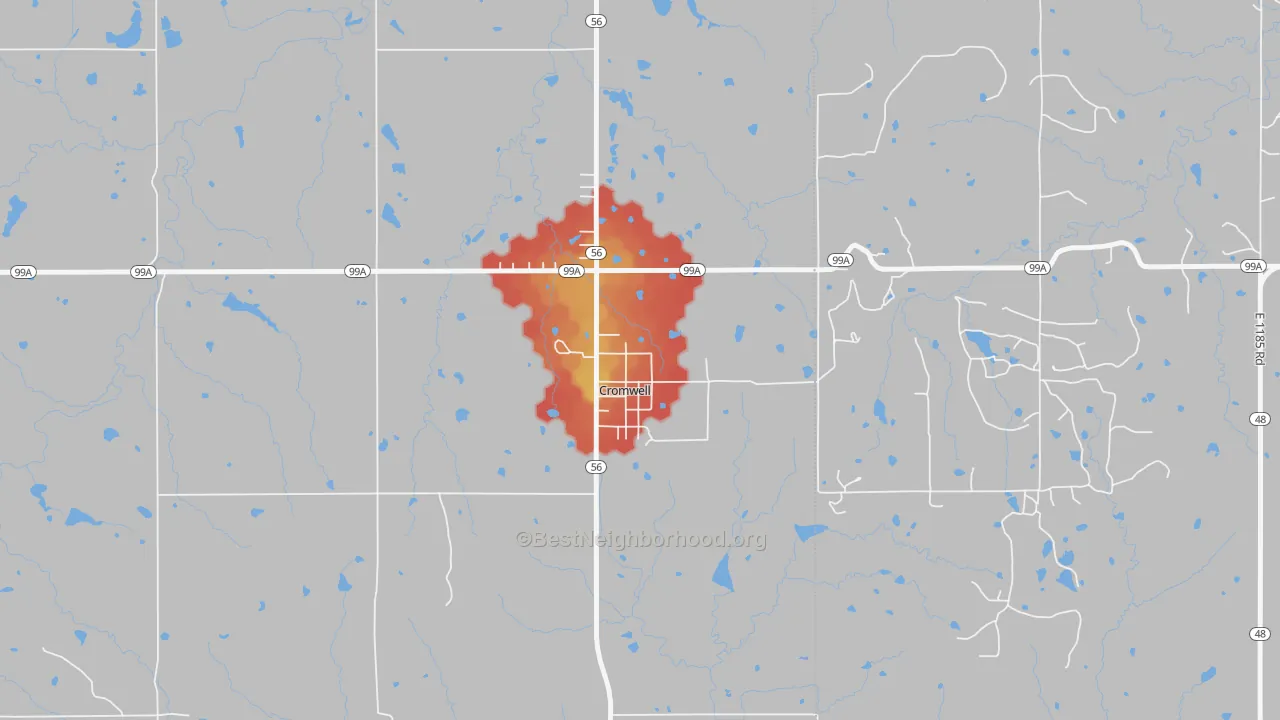 Walk Grade map of 74837, OK, walkable areas in green and car-dependent areas in red