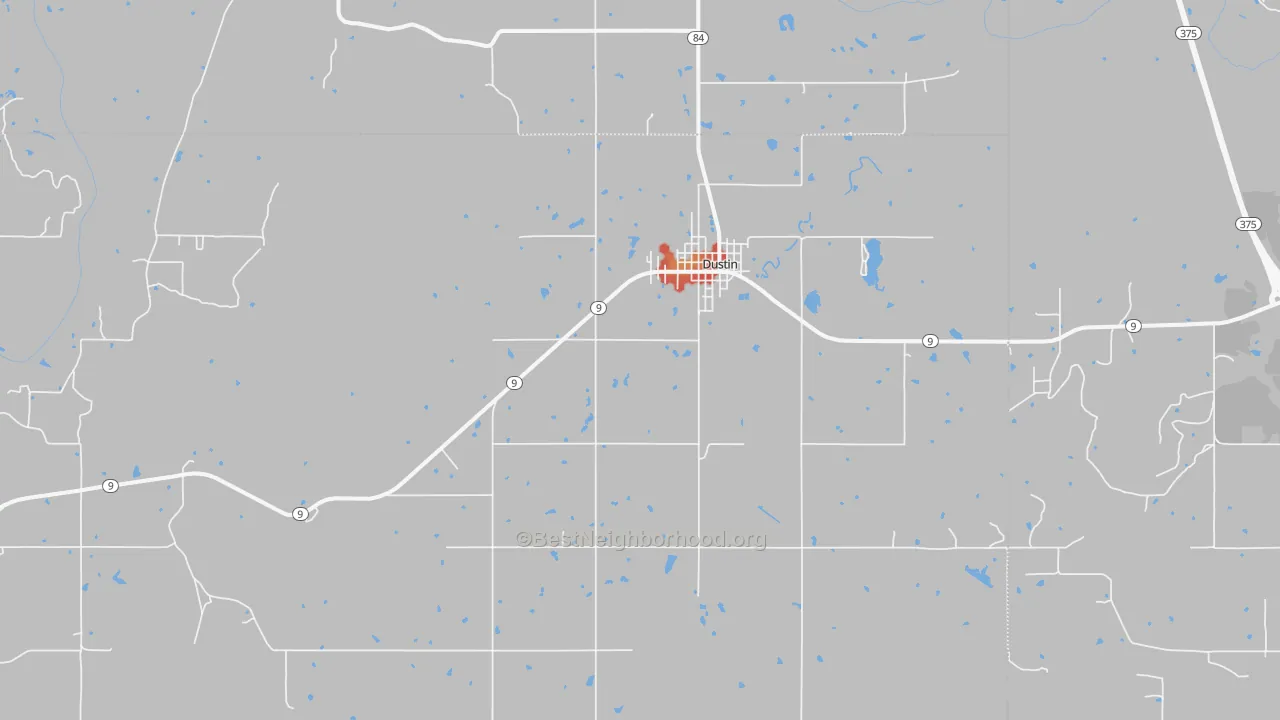 Walk Grade map of 74839, OK, walkable areas in green and car-dependent areas in red