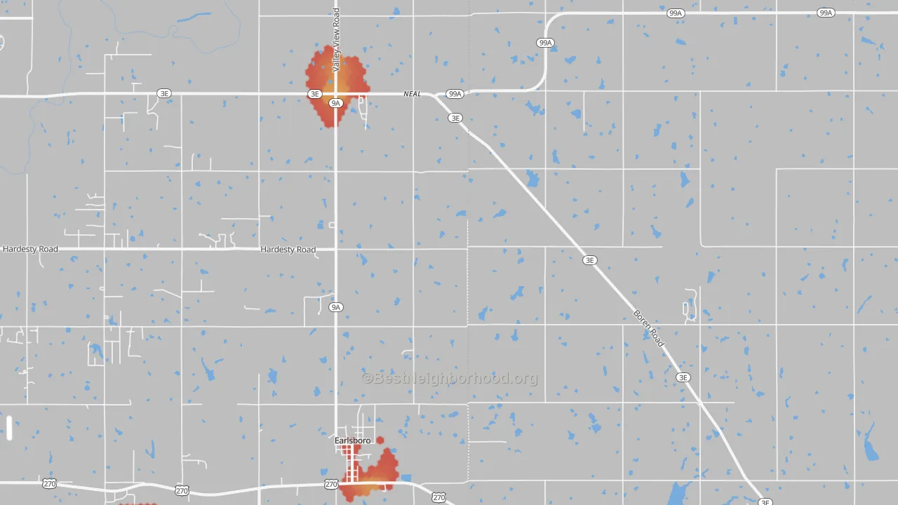 Walk Grade map of 74840, OK, walkable areas in green and car-dependent areas in red