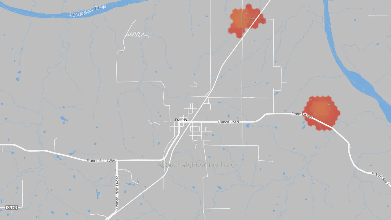 Walk Grade map of 74844, OK, walkable areas in green and car-dependent areas in red