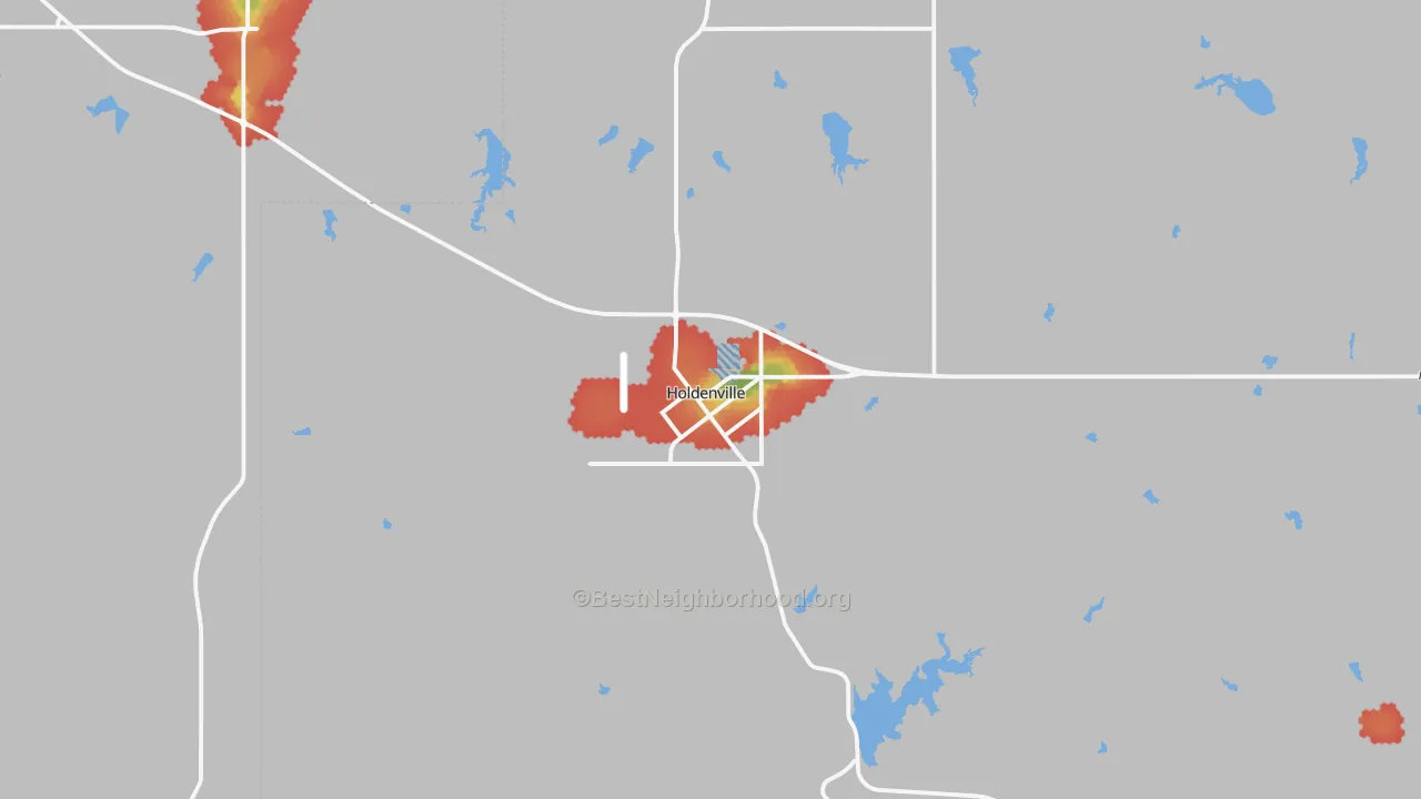 Walk Grade map of 74848, OK, walkable areas in green and car-dependent areas in red