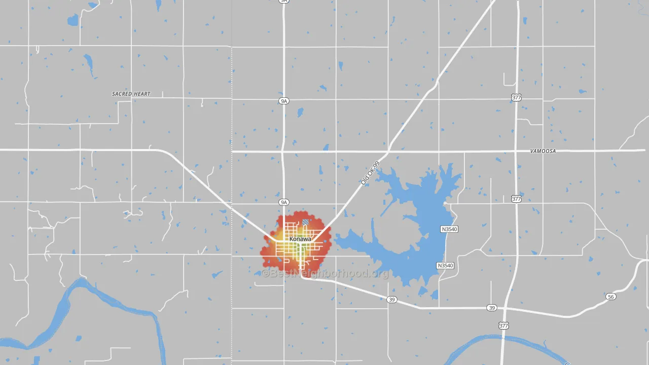 Walk Grade map of 74849, OK, walkable areas in green and car-dependent areas in red