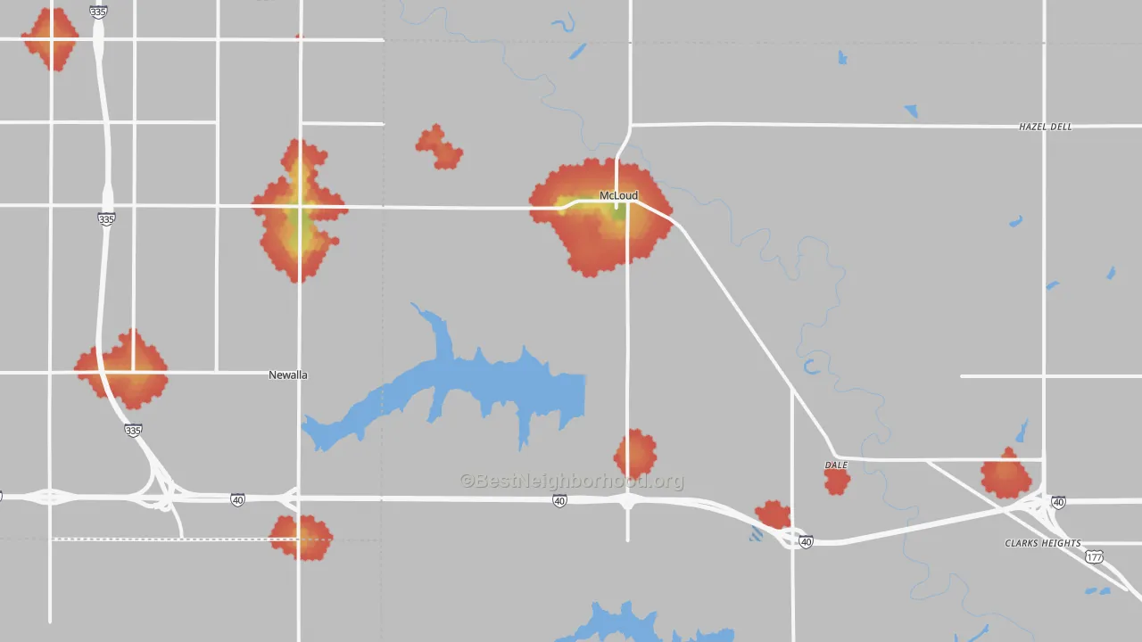 Walk Grade map of 74851, OK, walkable areas in green and car-dependent areas in red