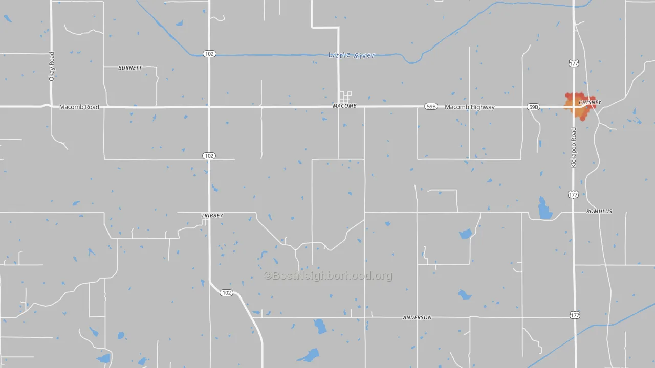 Walk Grade map of 74852, OK, walkable areas in green and car-dependent areas in red