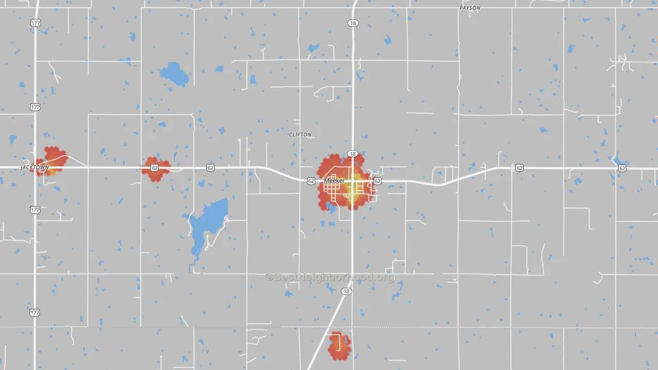 Walk Grade map of 74855, OK, walkable areas in green and car-dependent areas in red