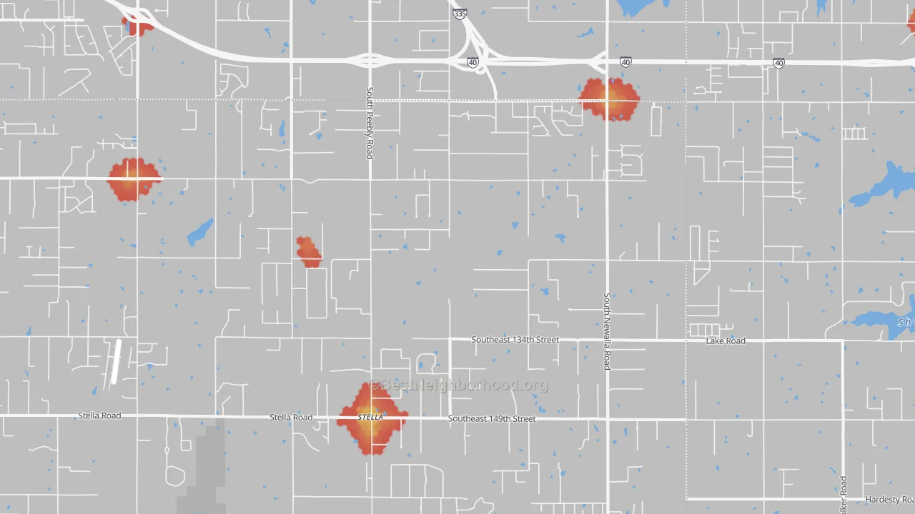 Walk Grade map of 74857, OK, walkable areas in green and car-dependent areas in red